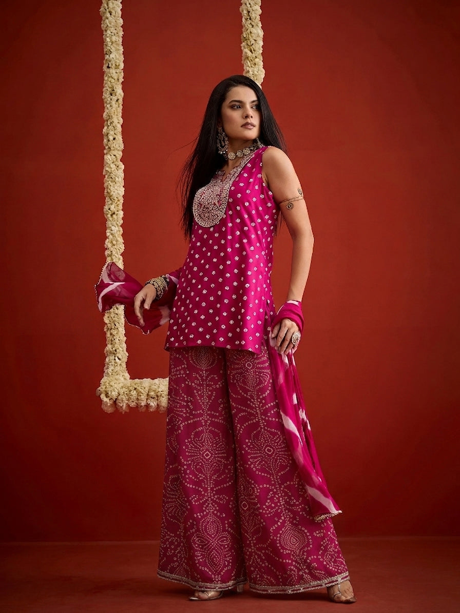 Bandhej Printed & Embroidered Rayon Straight Short Kurti Palazzo Dupatta Dupatta Set