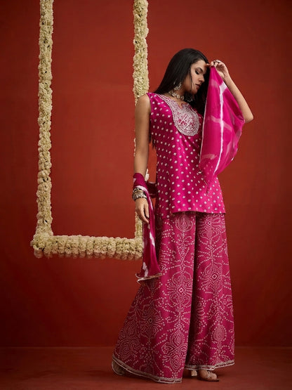 Bandhej Printed & Embroidered Rayon Straight Short Kurti Palazzo Dupatta Dupatta Set