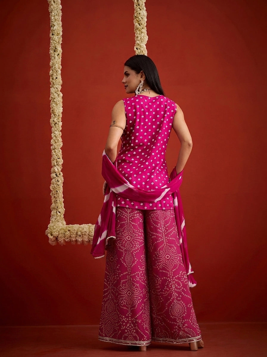 Bandhej Printed & Embroidered Rayon Straight Short Kurti Palazzo Dupatta Dupatta Set