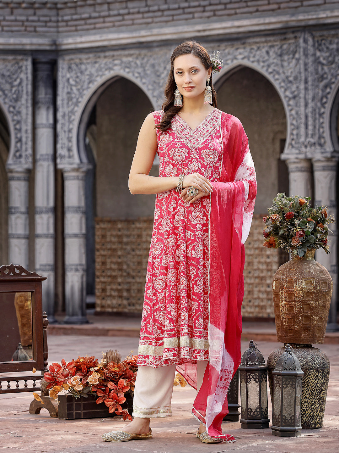 Pink Printed & Embroidered Cotton Anarkali Kurta Pant Dupatta Set