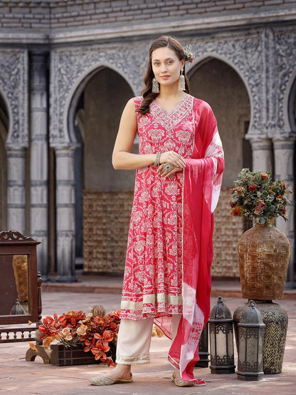 Pink Printed & Embroidered Cotton Anarkali Kurta Pant Dupatta Set