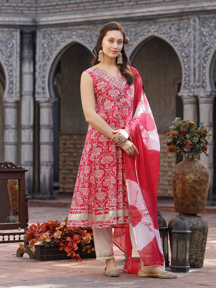 Pink Printed &amp; Embroidered Cotton Anarkali Kurta Pant Dupatta Set