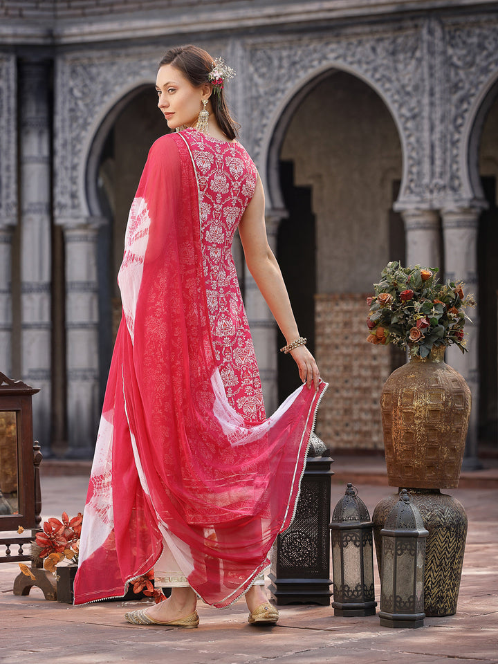Pink Printed &amp; Embroidered Cotton Anarkali Kurta Pant Dupatta Set