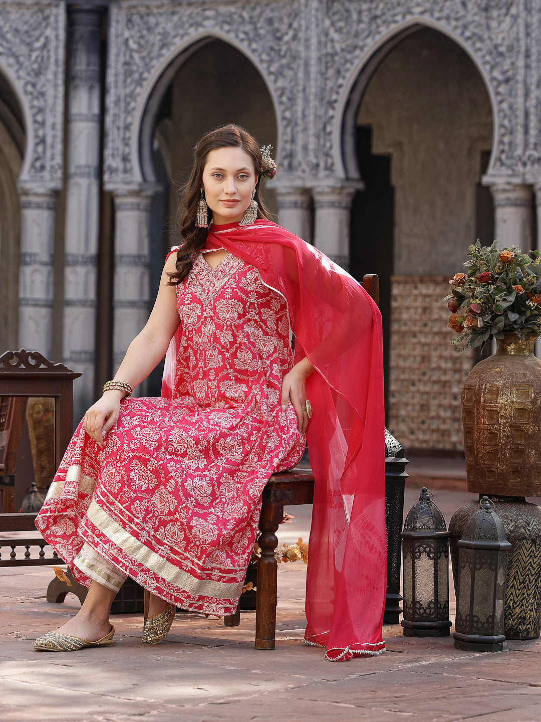 Pink Printed &amp; Embroidered Cotton Anarkali Kurta Pant Dupatta Set