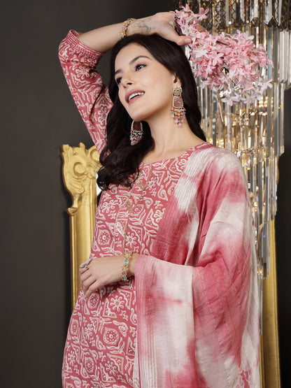 Pink Ethnic Printed Cotton Blend Straight Kurta Pant Dupatta Set (Pre-Order)