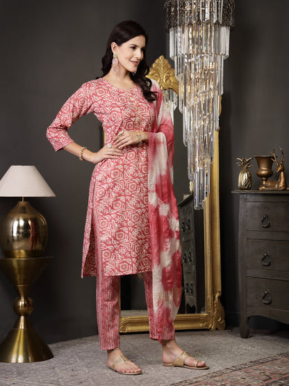 Pink Ethnic Printed Cotton Blend Straight Kurta Pant Dupatta Set (Pre-Order)
