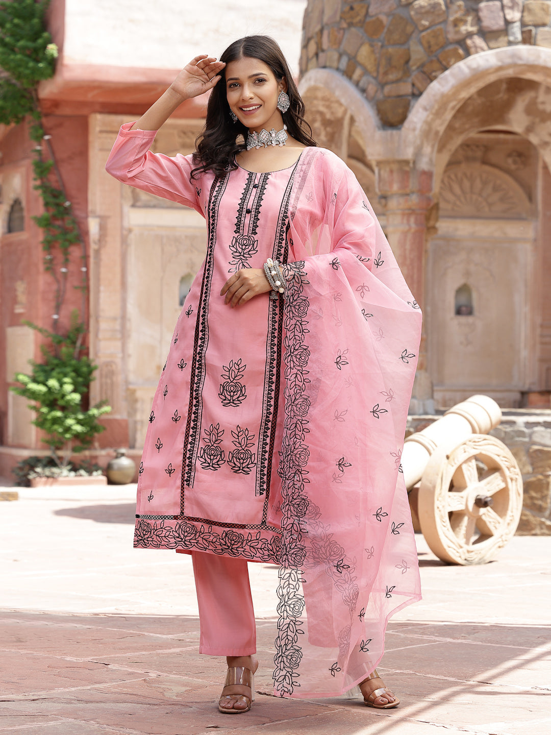 Pink Pakistani Solid &amp; Embroidered Silk Blend Straight Kurta Pant Dupatta