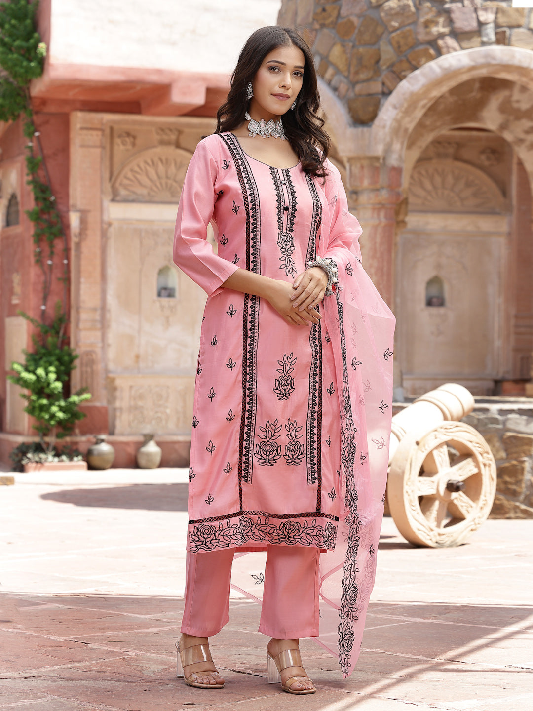 Pink Pakistani Solid & Embroidered Silk Blend Straight Kurta Pant Dupatta