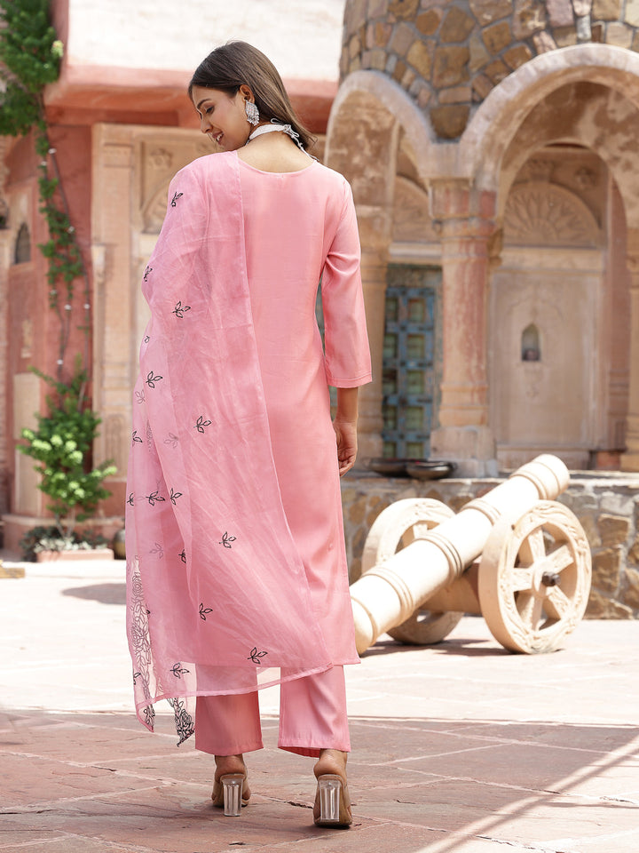 Pink Pakistani Solid &amp; Embroidered Silk Blend Straight Kurta Pant Dupatta