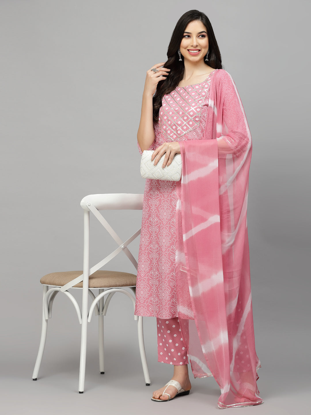 Bandhej Printed Rayon Kurta Pant Dupatta Set (Pre-Order)