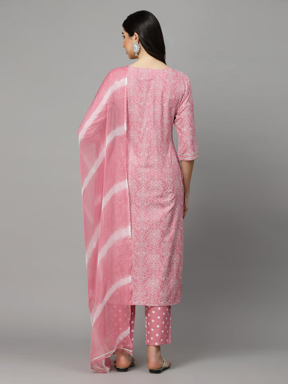 Bandhej Printed Rayon Kurta Pant Dupatta Set