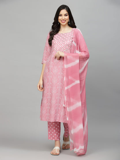 Bandhej Printed Rayon Kurta Pant Dupatta Set