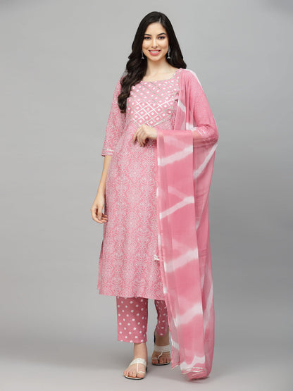 Bandhej Printed Rayon Kurta Pant Dupatta Set (Pre-Order)