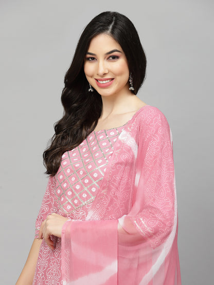 Bandhej Printed Rayon Kurta Pant Dupatta Set