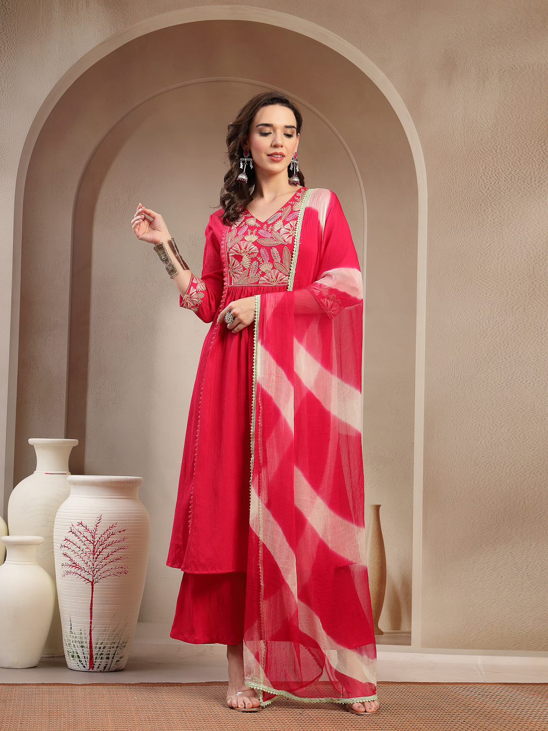 Solid &amp; Embroidered Crepe A-Line Kurta Palazzo Dupatta Set