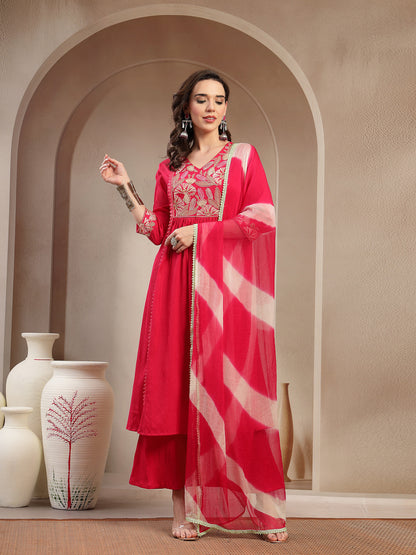 Solid & Embroidered Crepe A-Line Kurta Palazzo Dupatta Set