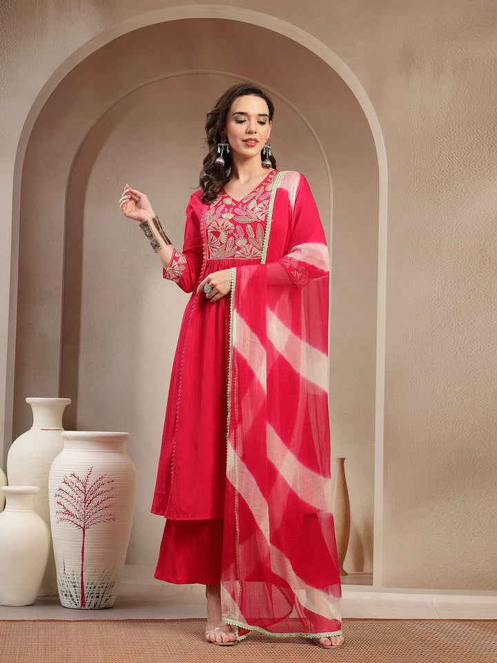 Solid &amp; Embroidered Crepe A-Line Kurta Palazzo Dupatta Set