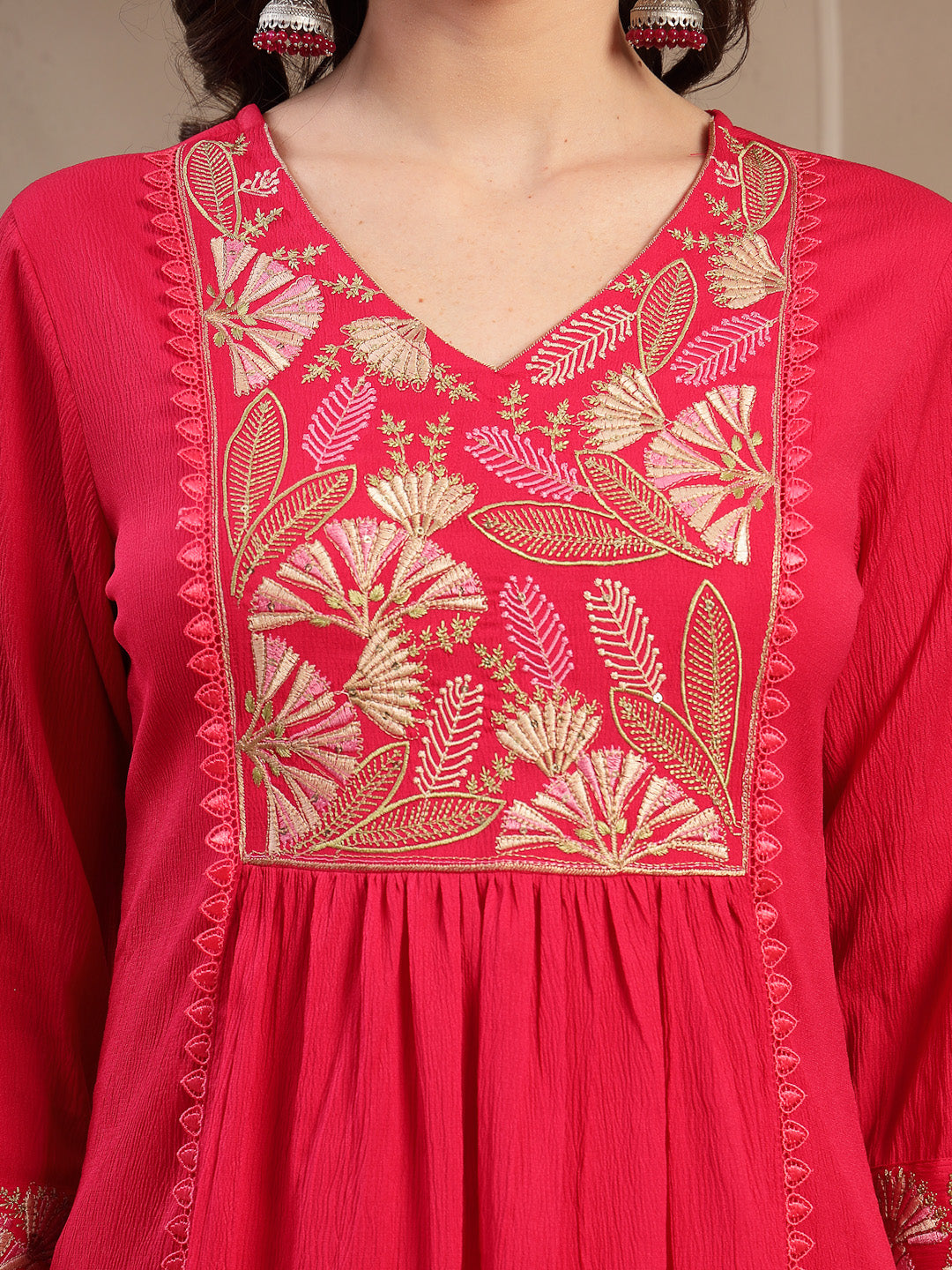 Solid &amp; Embroidered Crepe A-Line Kurta Palazzo Dupatta Set