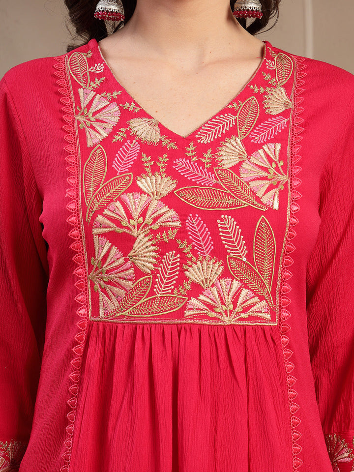 Solid &amp; Embroidered Crepe A-Line Kurta Palazzo Dupatta Set