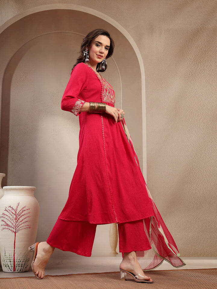 Solid &amp; Embroidered Crepe A-Line Kurta Palazzo Dupatta Set