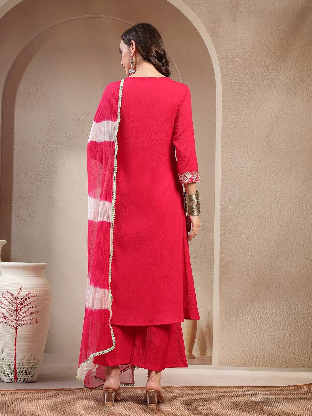 Solid & Embroidered Crepe A-Line Kurta Palazzo Dupatta Set