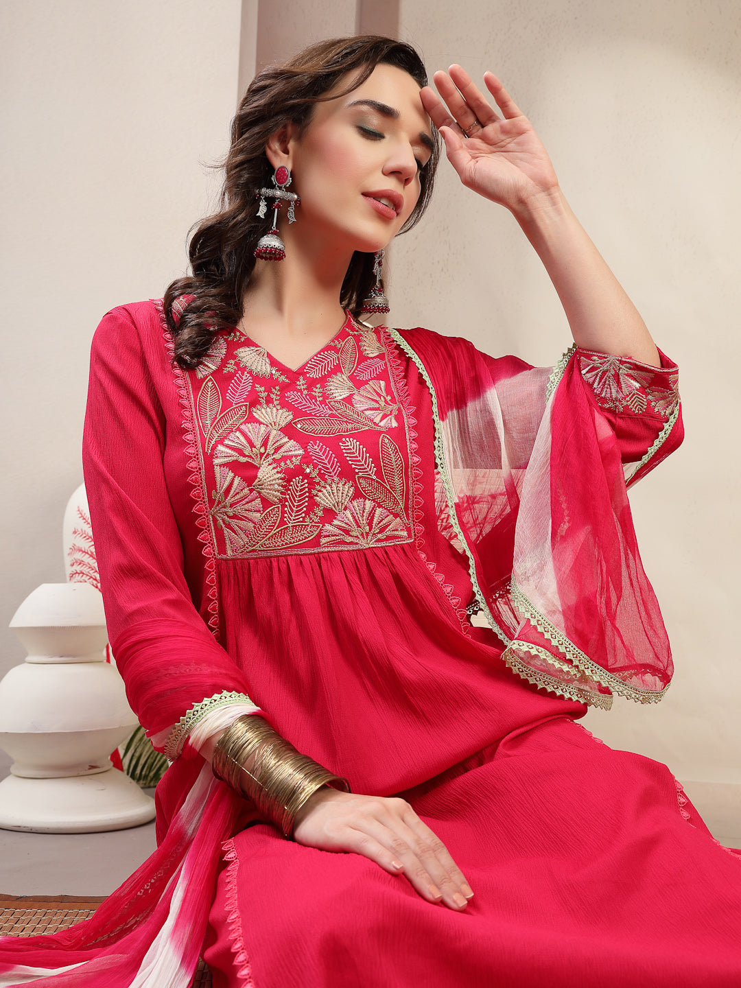 Solid &amp; Embroidered Crepe A-Line Kurta Palazzo Dupatta Set