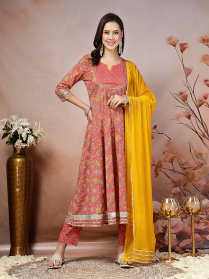 Pink Madhubani Printed Cotton Anarkali Kurta Pant Dupatta Set