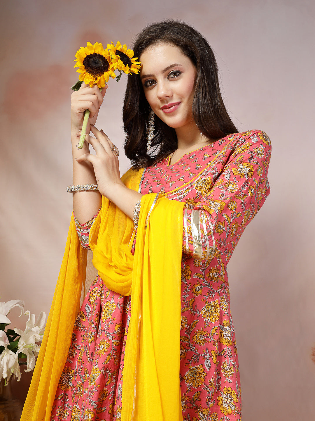 Pink Madhubani Printed Cotton Anarkali Kurta Pant Dupatta Set (Pre-Order)