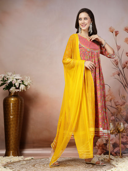 Pink Madhubani Printed Cotton Anarkali Kurta Pant Dupatta Set