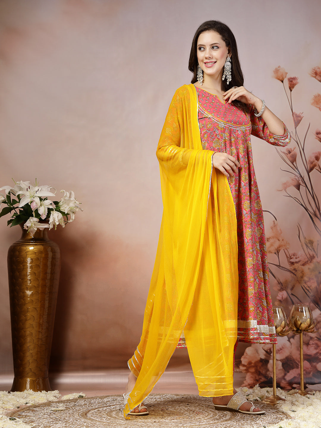 Pink Madhubani Printed Cotton Anarkali Kurta Pant Dupatta Set (Pre-Order)