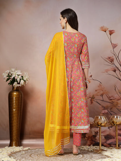 Pink Madhubani Printed Cotton Anarkali Kurta Pant Dupatta Set