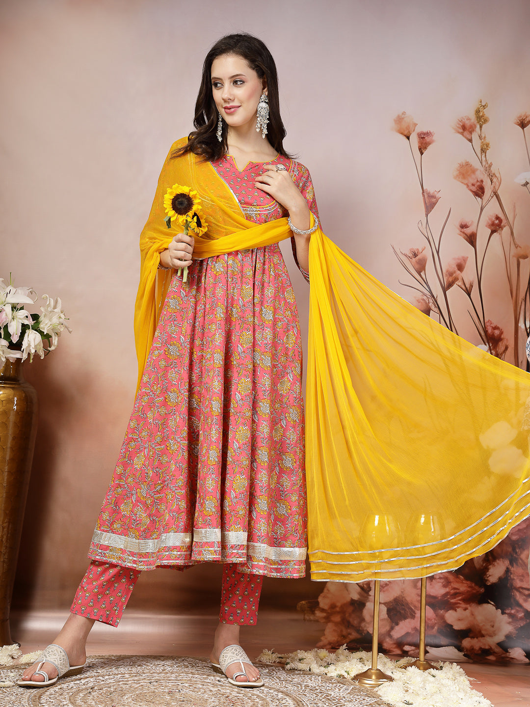 Pink Madhubani Printed Cotton Anarkali Kurta Pant Dupatta Set