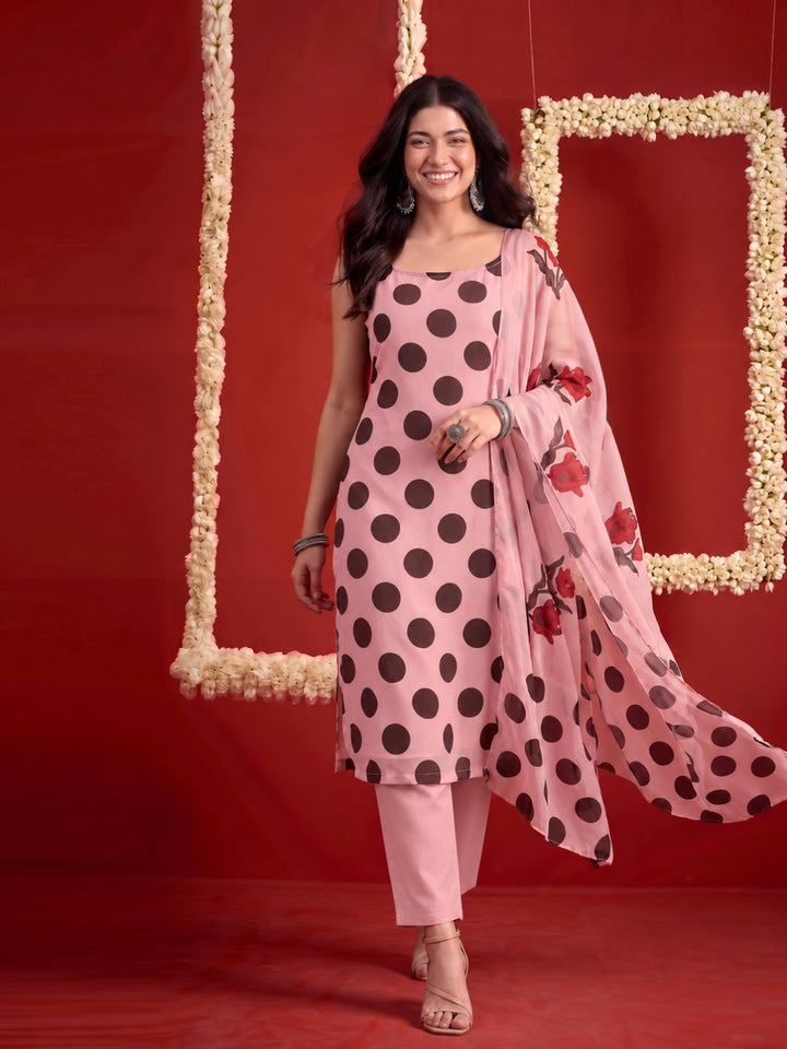 Polka Dots Printed Georgette Straight Kurta Pant Dupatta Set