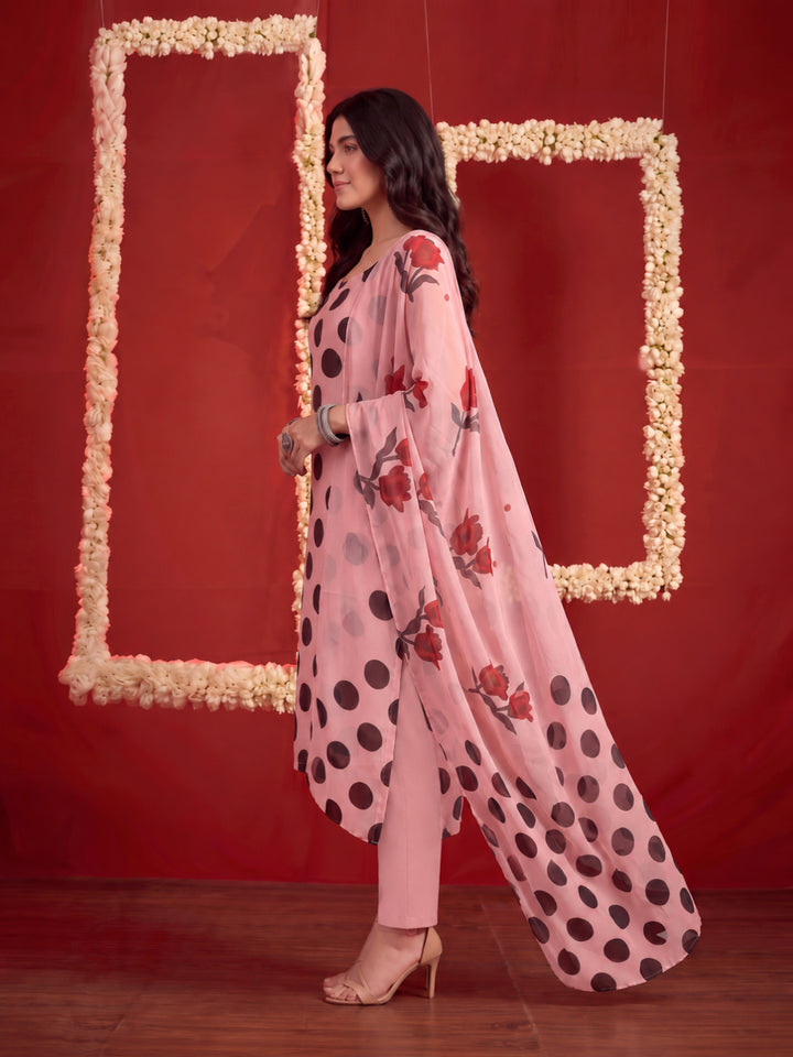 Polka Dots Printed Georgette Straight Kurta Pant Dupatta Set