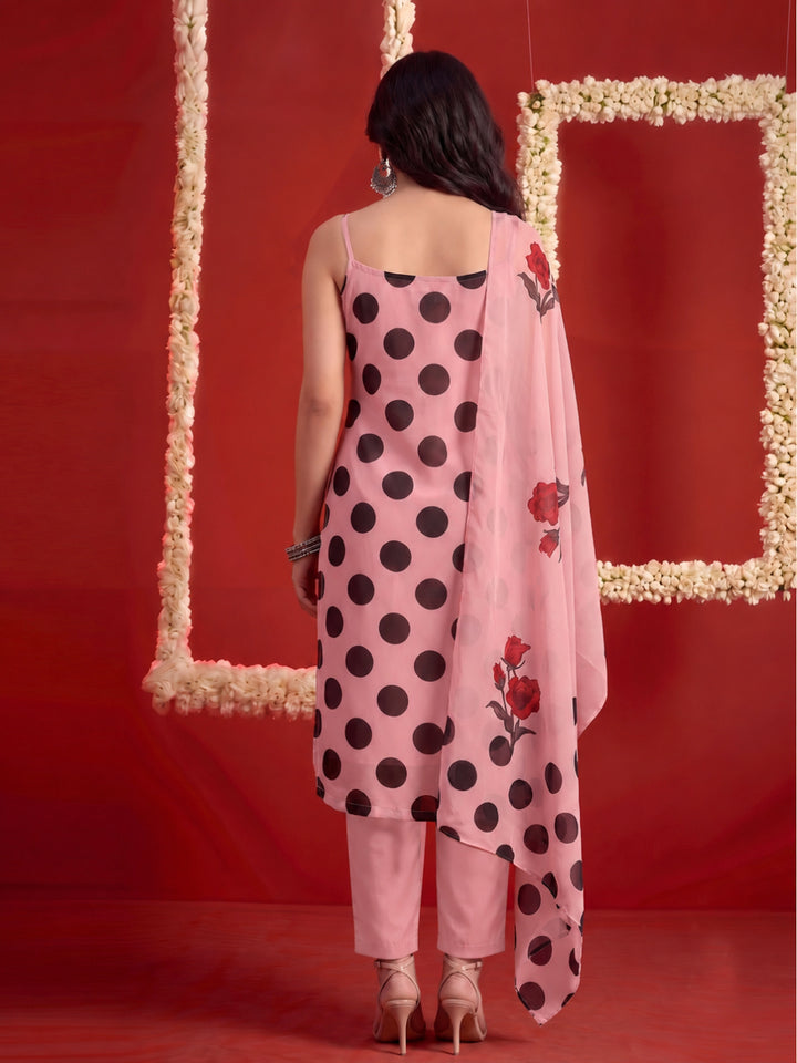 Polka Dots Printed Georgette Straight Kurta Pant Dupatta Set