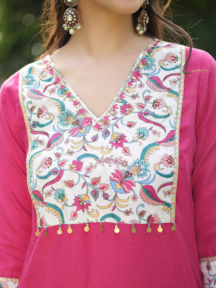Pink Printed &amp; Solid Cotton Straight Kurta Pant Dupatta Set