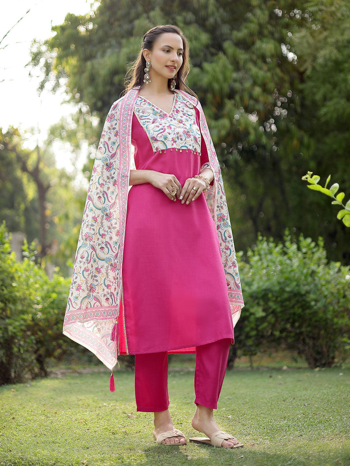 Pink Printed &amp; Solid Cotton Straight Kurta Pant Dupatta Set