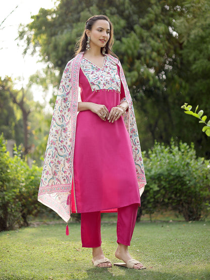 Pink Printed & Solid Cotton Straight Kurta Pant Dupatta Set (Pre-Order)