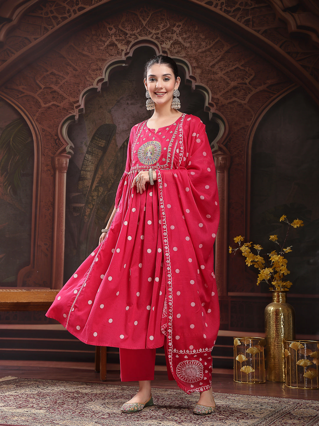 Pink Printed & Embroidered Cotton Flared Kurta Palazzo Dupatta Set