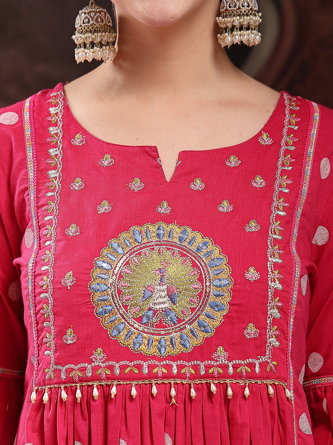 Pink Printed & Embroidered Cotton Flared Kurta Palazzo Dupatta Set