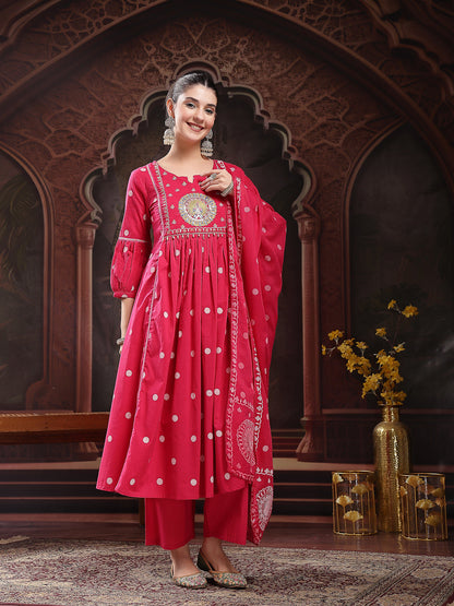 Pink Printed & Embroidered Cotton Flared Kurta Palazzo Dupatta Set