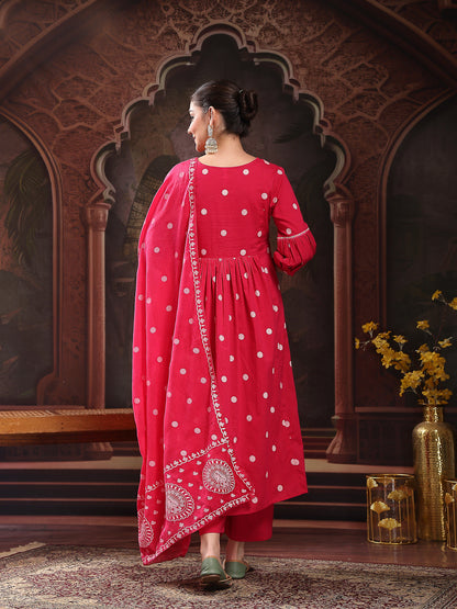 Pink Printed & Embroidered Cotton Flared Kurta Palazzo Dupatta Set