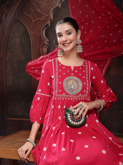 Pink Printed & Embroidered Cotton Flared Kurta Palazzo Dupatta Set