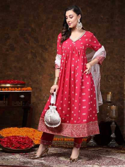 Pink Printed & Embroidered Rayon Anarkali Kurta Pant Dupatta Set (Pre-Order)