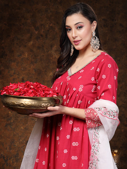 Pink Printed & Embroidered Rayon Anarkali Kurta Pant Dupatta Set (Pre-Order)