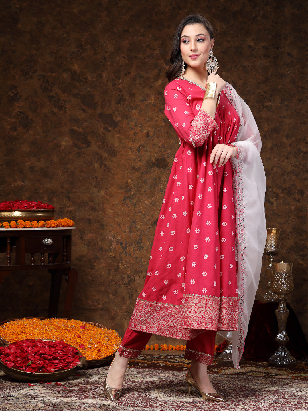 Pink Printed &amp; Embroidered Rayon Anarkali Kurta Pant Dupatta Set