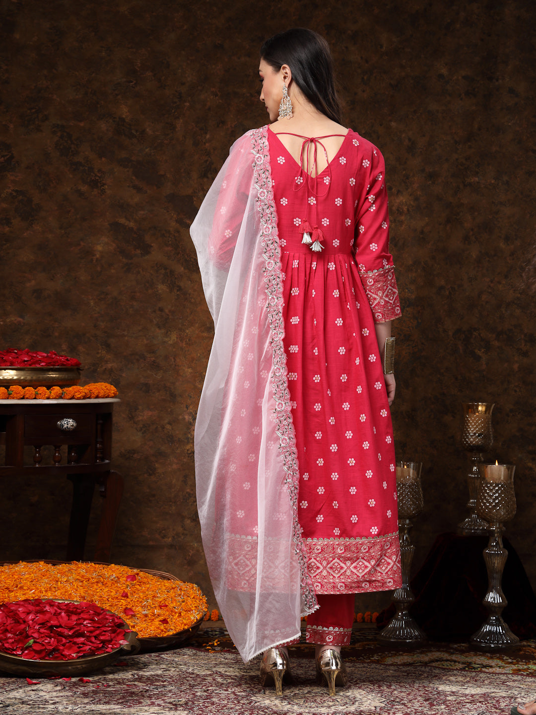 Pink Printed & Embroidered Rayon Anarkali Kurta Pant Dupatta Set (Pre-Order)
