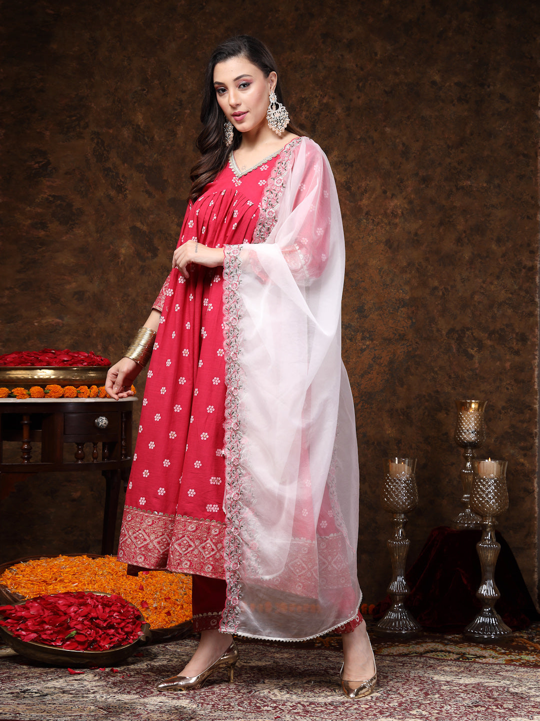Pink Printed &amp; Embroidered Rayon Anarkali Kurta Pant Dupatta Set