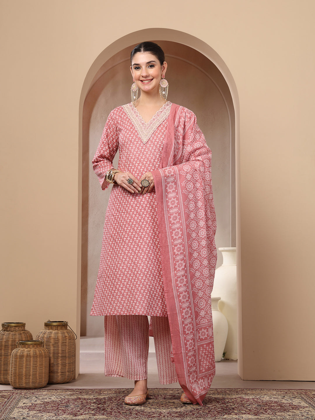 Ethnic Motif Printed Cotton Straight Kurta Palazzo Dupatta Set