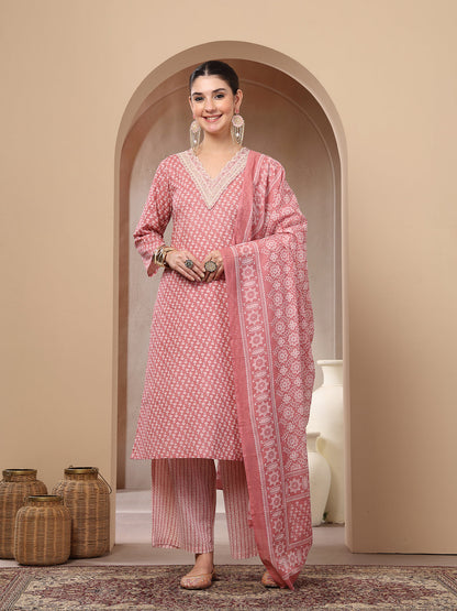 Ethnic Motif Printed Cotton Straight Kurta Palazzo Dupatta Set